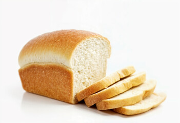 Sliced white bread loaf arranged with four slices. Suitable for food websites, bakery promotions, recipe cards, and culinary blogs.