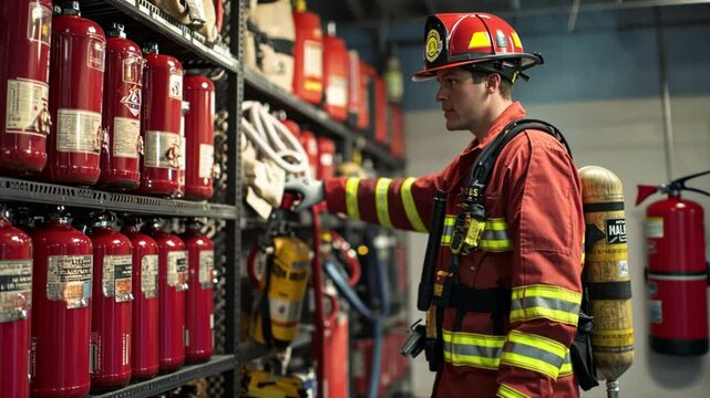 Comprehensive fire safety and rescue preparation, inspecting extinguishers and emergency gear.