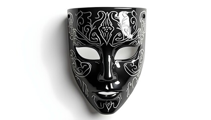 A realistic, detailed mask with intricate designs, isolated on a pure white background, with light reflecting off its glossy surface create with ai