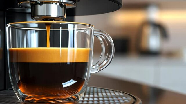A glass cup of coffee being made in a coffee machine