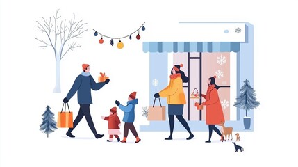 A family walks down a snowy street, carrying gifts and bags, while a shop owner greets them with a smile