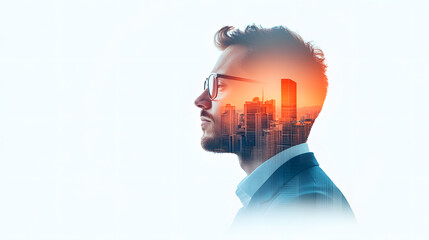 Double exposure of a businessman blending with glow red cityscape, stress, financial crisis, economic downturn, corporate challenges, and the emotional toll of leadership and professional struggles.