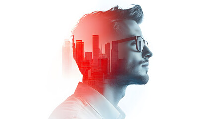 Double exposure of a businessman blending with glow red cityscape, stress, financial crisis, economic downturn, corporate challenges, and the emotional toll of leadership and professional struggles.