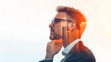 Double exposure of a businessman blending with glow red cityscape, stress, financial crisis, economic downturn, corporate challenges, and the emotional toll of leadership and professional struggles.