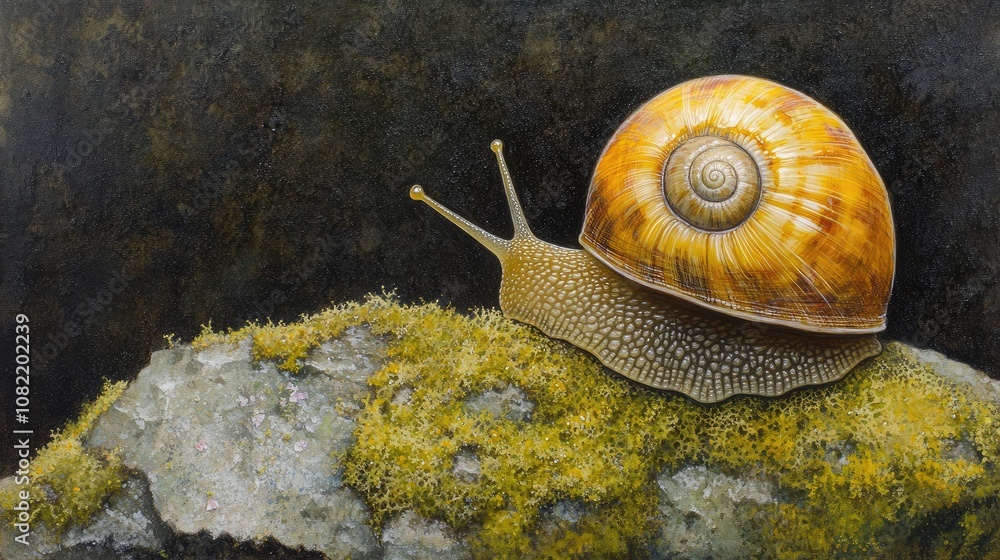 Aufkleber a detailed close-up of a snail resting on a mossy rock against a dark background highlighting its un