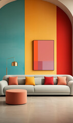 Modern living room interior with white sofa colorful walls and abstract painting