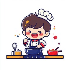 A cheerful cartoon chef cooking in a kitchen with colorful ingredients.