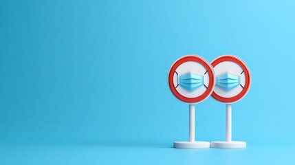 Two signs with face masks on a blue background.