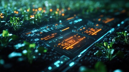 Fototapeta premium A futuristic digital interface with glowing orange and blue lights is surrounded by green plants in a dark soil.
