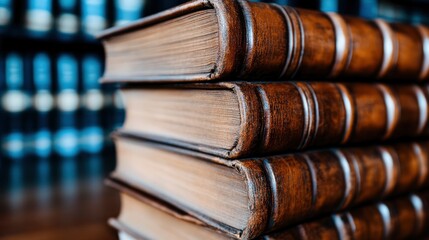 Stack of Leather-Bound Books in a Library