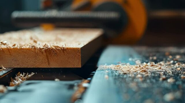 Woodworking Mastery Sparks Fly from Cutting Tool in Precision Craftsmanship, Capturing Beauty of Wood Shavings and Sawdust in Workshop Environment. 4k motion camera