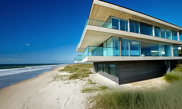 Contemporary beach house on a high bluff, with floor-to-ceiling windows and open floor plan, showcasing a stunning view of a sandy beach and clear blue ocean