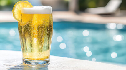 Refreshing Beer with Lemon Slice by Poolside