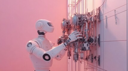 A humanoid robot interacting with a complex mechanical wall.