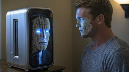 Young Software Programmer Working on Personal Computer in Digital Identity Cyber Security Data Center, Projected Program Coding Language Reflects His Face