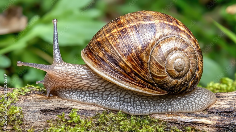 Poster close-up of a snail crawling on a mossy log in a lush green environment showcasing the intricate she
