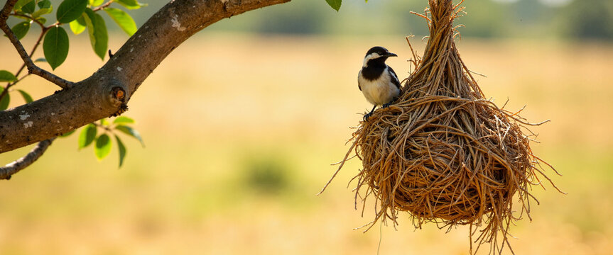 Bird perched on intricate nest against blurred nature background - Powered by Adobe