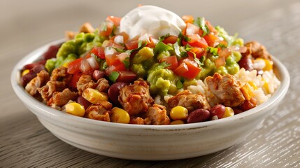 Delicious chicken burrito bowl with guacamole and salsa mexican cuisine gourmet dish casual dining close-up view flavorful ingredients for food lovers