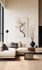 Modern living room interior design with white sofa black vase and tree painting