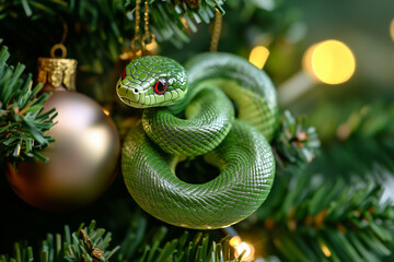 Fototapeta premium green snake toy on the Christmas tree