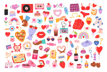 Cartoon set of of Valentines Day and Love with romantic icons and stickers. Collection of cute design objects: hearts, sweets, gifts, berries. Beautiful items, signs for card, scrapbooking, print