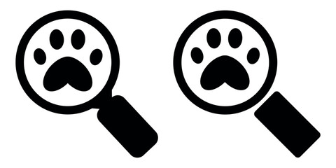 Pet search icon. Magnifying glass and paw print. Veterinarian and Pets. Search for missing pets.