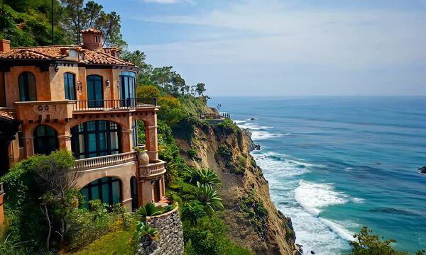 Mediterranean mansion on a steep coastal slope, with ornate stucco and terracotta accents, featuring a breathtaking view of a lush coastal cliff with crashing waves