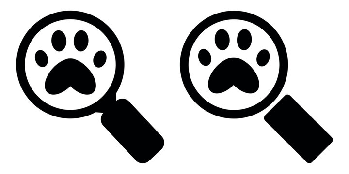 Pet search icon. Magnifying glass and paw print. Veterinarian and Pets. Search for missing pets.