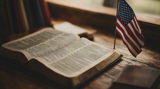An open book lays on a wooden table with an American flag in the background.