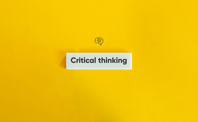 Critical Thinking Banner. Brain with Cogwheel Icon and Text on Block Letter Tile on Yellow Background. Minimal Aesthetic.