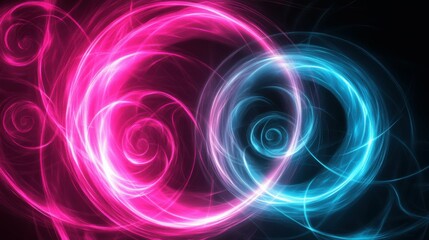 soft glowing spirals on black background, vibrant pink and blue lights, dynamic movement, digital art, abstract feel, high contrast