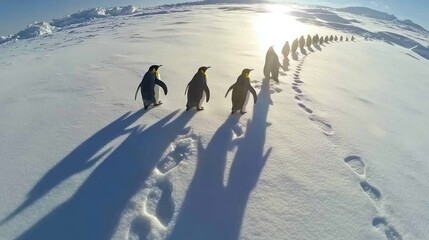 A Line of Emperor Penguins Walking Across a Snowy Landscape with Long Shadows Stretching Behind Them Under a Bright Sun in the Antarctic
