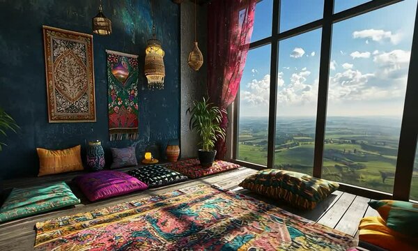 Bohemian yoga room with colorful textiles, eclectic decor, and a view of a lush garden