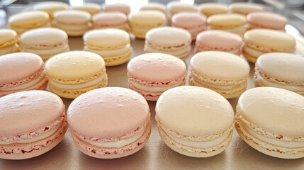 Obraz premium Colorful French Macarons on Silver Tray Displaying Artful Pastry Creations Ideal for Dessert Buffets, Bakery Promotions, and Culinary Photography Projects
