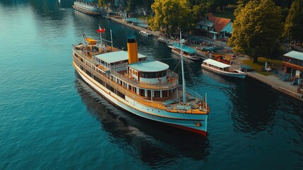 Obraz premium Scenic Aerial View of a Vintage Steamboat Navigating a Serene Lake Surrounded by Lush Green Trees and Charming Lakeside Buildings