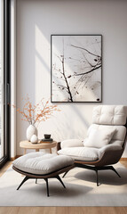 Modern Living Room Interior Design with White Armchair Ottoman and Abstract Artwork