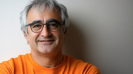 Obraz premium Smiling Middle-Aged Man with Glasses in Orange T-Shirt Against a Neutral Background, Captured in High Resolution for Diverse Creative Uses