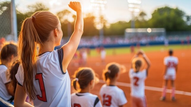 Young Female Athlete Celebrating a Victory at a Softball Game with Friends Cheering in the Background During a Bright Sunset at the Field - Powered by Adobe