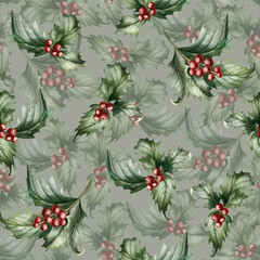 Holly branches with leaves and red berries. Traditional Christmas plant. Watercolor seamless pattern on light sage green