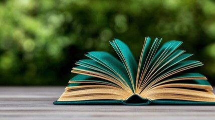 Open Book on Wooden Table with Green Background