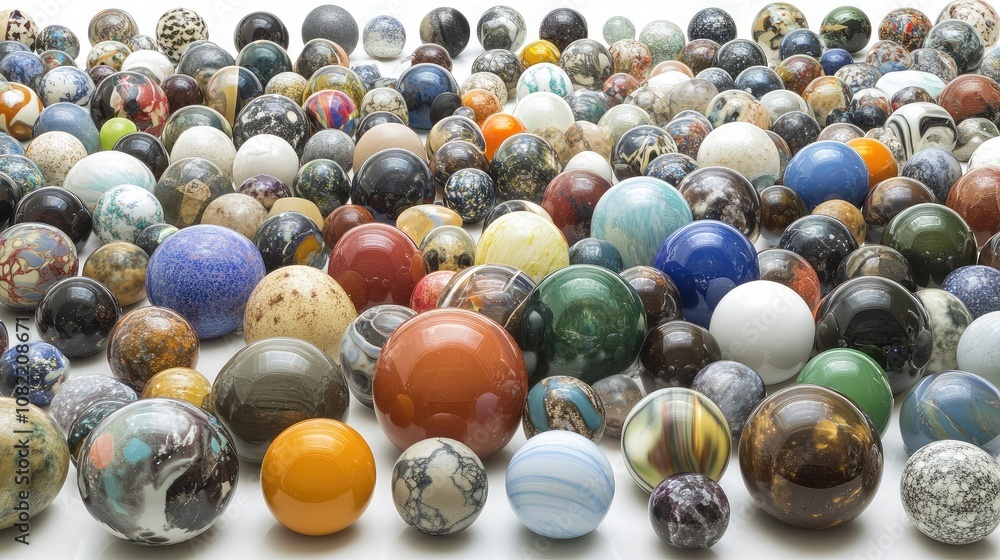 Poster an exquisite collection of colorful marbles displayed on a white surface, showcasing unique patterns