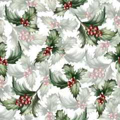 Fotobehang Tropische Bladeren Holly branches with leaves and red berries. Traditional Christmas plant. Watercolor seamless pattern on white background  © Leyla