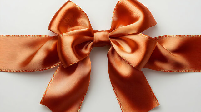 A Detailed Close-up of a Luxurious Burnt Orange Satin Ribbon Bow, Elegantly Tied on a White Background, Representing Gift Giving and Celebration.