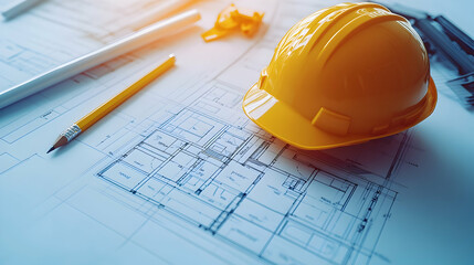 Detailed Architectural Blueprint with Yellow Hard Hat and Pencils Illustrating Construction Planning