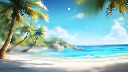 Obraz premium Tranquil Beach Scene: Palm Trees sway gently near a turquoise ocean under a bright summer sky, creating a dreamy idyllic tropical paradise background illustration.