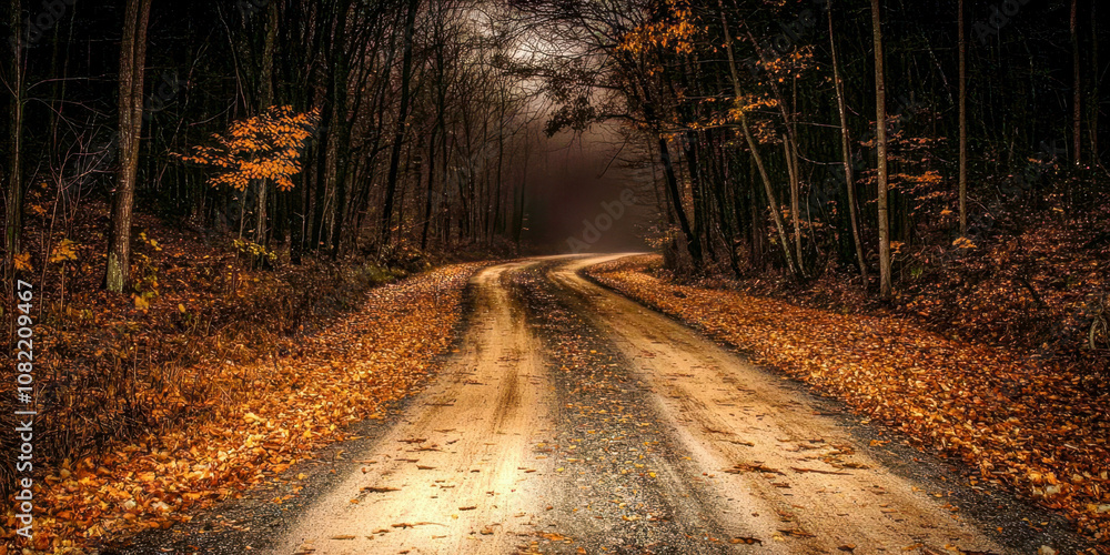Poster a road with trees in the background and leaves on the ground