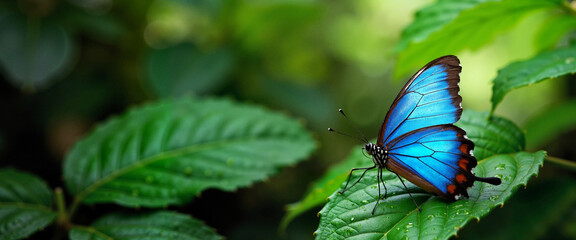 Vibrant blue morpho butterfly resting on green leaf