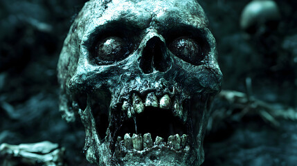 Decaying Ghastly Skull with Open Jaw Screams Amidst Bones in a Dark, Spooky 3D Render