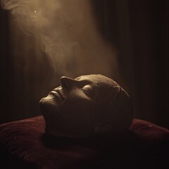 Haunting Death Mask Resting on Velvet Pillow in Darkened Candlelit Room Dust Particles Floating Eerily