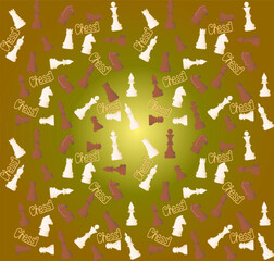 Vector seamless pattern with colorful chess pieces on olive green background.